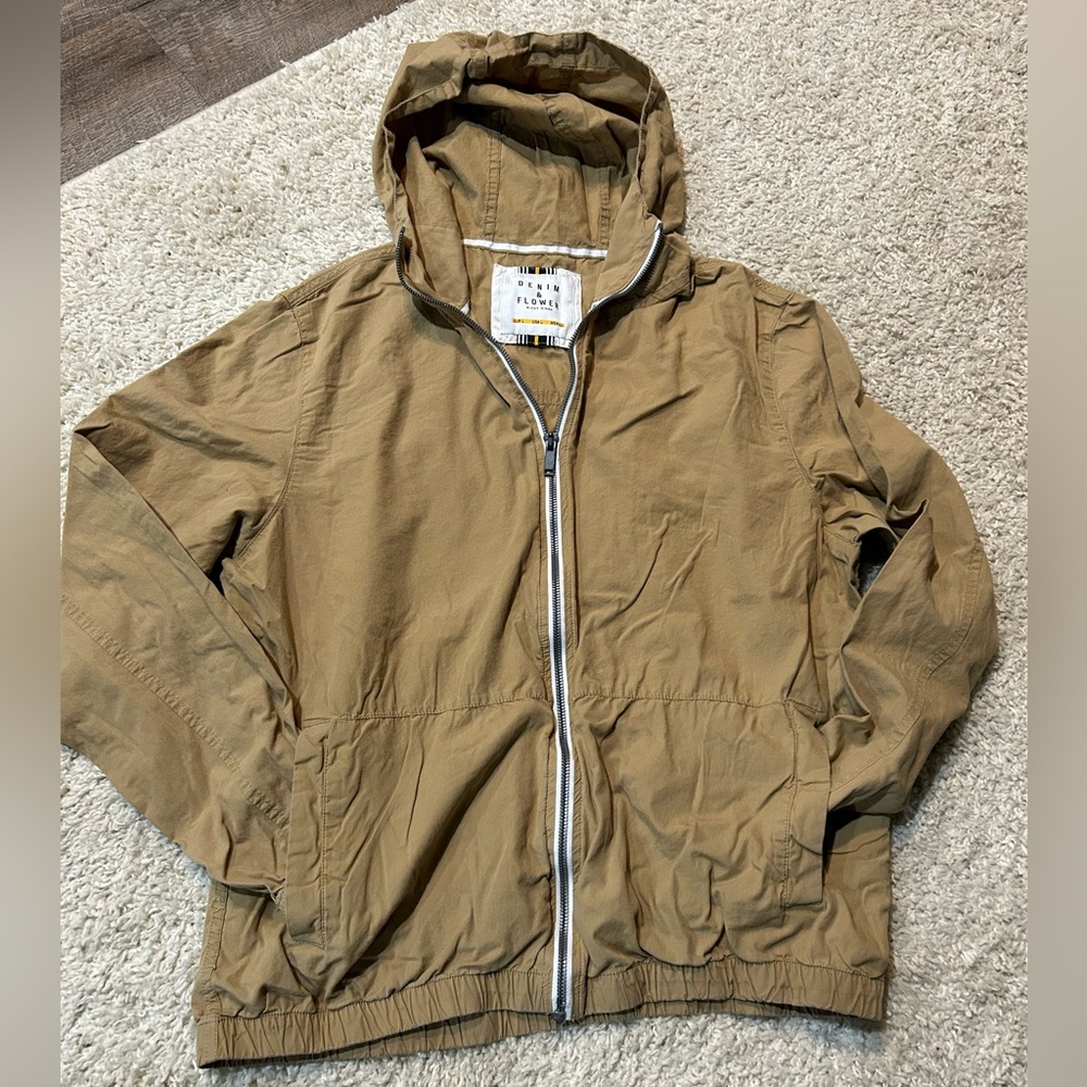 Denim & Flower Womens Windbreaker Jacket Size Large Beige Zip Front Hooded